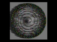 Tridimensional display -bird's-eye view- of a spiral displaying 'pi' with 2000 digits -base 10- 