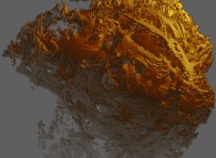 Artistic view of a pseudo-quaternionic Julia set ('MandelBulb' like: a 'JuliaBulb')computed with A=(-0.58...,+0.63...,0,0) -tridimensional cross-section- 