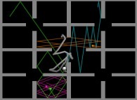 Bidimensional Sierpinski billiard with 4 random particles, with collisions and display of their gravity center -white particle- 