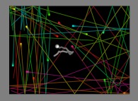 Bidimensional rectangular billiard with 16 random particles, with collisions and display of their gravity center -white particle- 