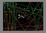 Bidimensional rectangular billiard with 16 random particles, with collisions and display of their gravity center -white particle- 