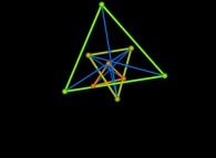 The double reflection -green- of a small arbitrary triangle -center red- 