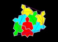 The level-1 cluster made of 8 'Spectre' tiles including a 'Mystic' (red)with display of all the key-points making quadrilaterals (7 blue small and a magenta big one) 