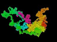 Tridimensional brownian motion -the colors used (magenta,red,yellow,green,cyan)are an increasing function of the time- and the 'external border' of its bidimensional projection -white- 