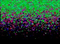 Visualization of the areas where the density is greater than 0.37 during a tridimensional diffusion process of 114299 particles 