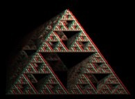 Anaglyph -blue=right, red=left- of an artistic view of a pyramidal Menger Sponge computed by means of an 'Iterated Function System' -IFS- 