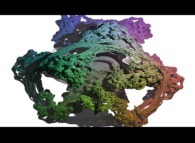 A foggy pseudo-octonionic Julia set ('MandelBulb' like: a 'JuliaBulb')computed with A=(-0.581514...,+0.635888...,0,0,0,0,0,0) and with a rotation about the X axis -tridimensional cross-section- 
