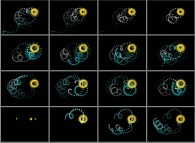 N-body problem integration (N=4)with one yellow star and two planets (the red one being very heavy and the blue one and its white satellite being light) -orange body point of view- 