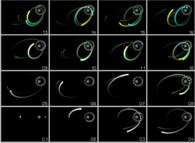 N-body problem integration (N=4: one star, one heavy planet and one light planet with a satellite)computed with 2 different optimization options on the same computer (sensitivity to rounding-off errors) 