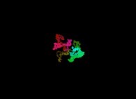 Tridimensional brownian motion on a cubic lattice based on a random process -the colors used (magenta,red,yellow,green,cyan)are an increasing function of the time- 