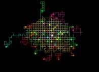 Isotropic random walk of 64 particles on a bidimensional square lattice with display of their gravity center -white particle- 