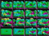 Tridimensional display of the particle density of a bidimensional periodical fluid with strictly identical initial velocities and with a vertically shifted central obstacle 