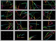 Bidimensional billiard with 6 still -initially- particles submitted to an attractive central field of gravity (the center being the magenta lower-left particle)