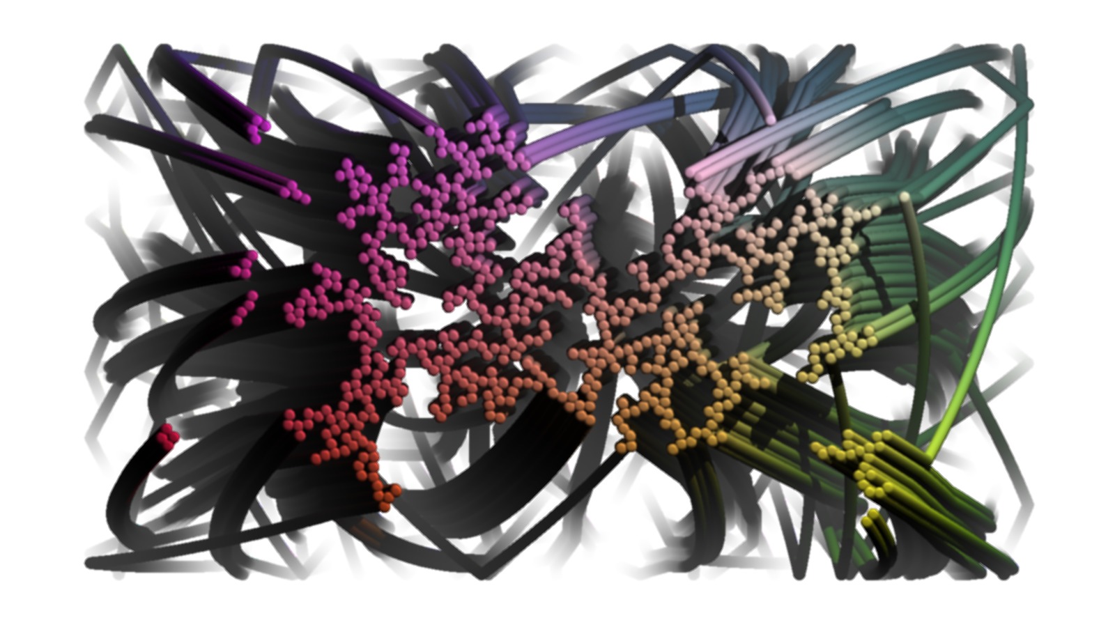 Tridimensional display of the particle trajectories of bidimensional fractal aggregates obtained by means of a 100% pasting process during collisions of particles submitted to an attractive central field of gravity [Visualisation tridimensionnelle des trajectoires des particules d'agr&eacute;gats fractals bidimensionnels obtenus par collage de 100% de celles-ci lors de leurs collisions, dans un champ de gravitation central attractif ]