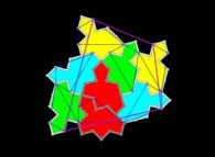 The level-1 cluster made of 8 'Spectre' tiles including a 'Mystic' (red and dark grey lines)with display of all the key-points making quadrilaterals (7 blue small and a magenta big one) 