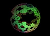 Mapping on a sphere of a finite subset of a periodical tiling of the plane using 4 von Koch-like snowflakes -iteration 3- 