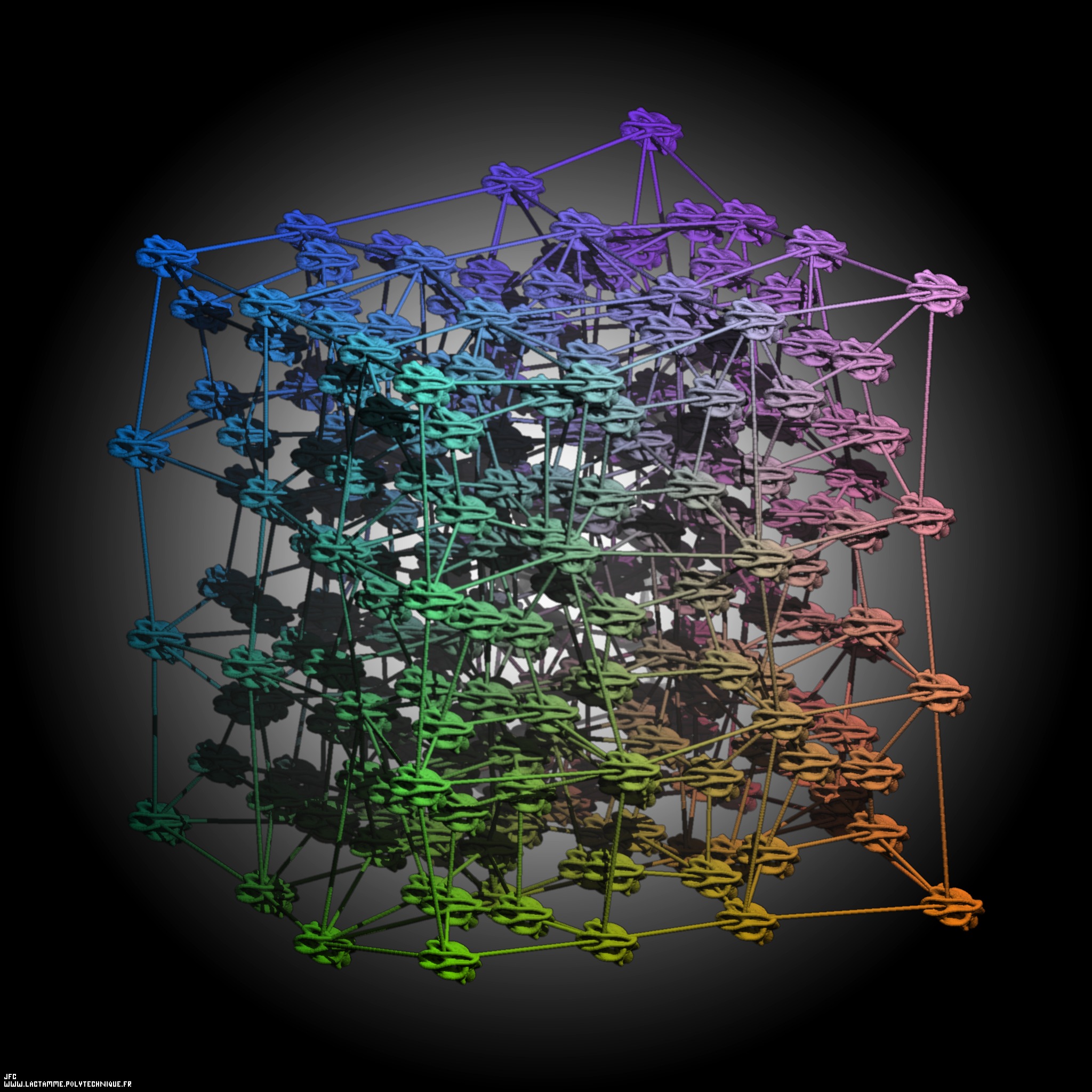 Tridimensional representation of quadridimensional Calabi-Yau manifolds -Calabi-Yau manifolds attached to every point of our 'familiar' (randomly distorded) quadridimensional space-time?- [Repr&eacute;sentation tridimensionnelle de vari&eacute;t&eacute;s quadridimensionnelles de Calabi-Yau -de telles vari&eacute;t&eacute;s en chaque point de notre espace-temps quadridimensionnel 'familier' (distordu al&eacute;atoirement)?- ]