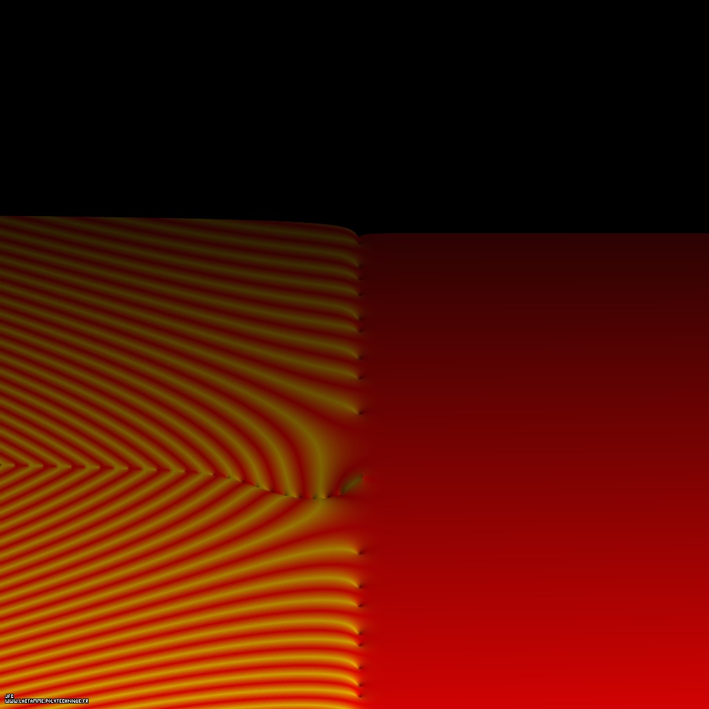 Tridimensional display of the Riemann Zeta function inside [-20.0,+80.0]x[-50.0,+50.0] [Visualisation tridimensionnelle de la fonction Z&ecirc;ta de Riemann dans [-20.0,+80.0]x[-50.0,+50.0] ]