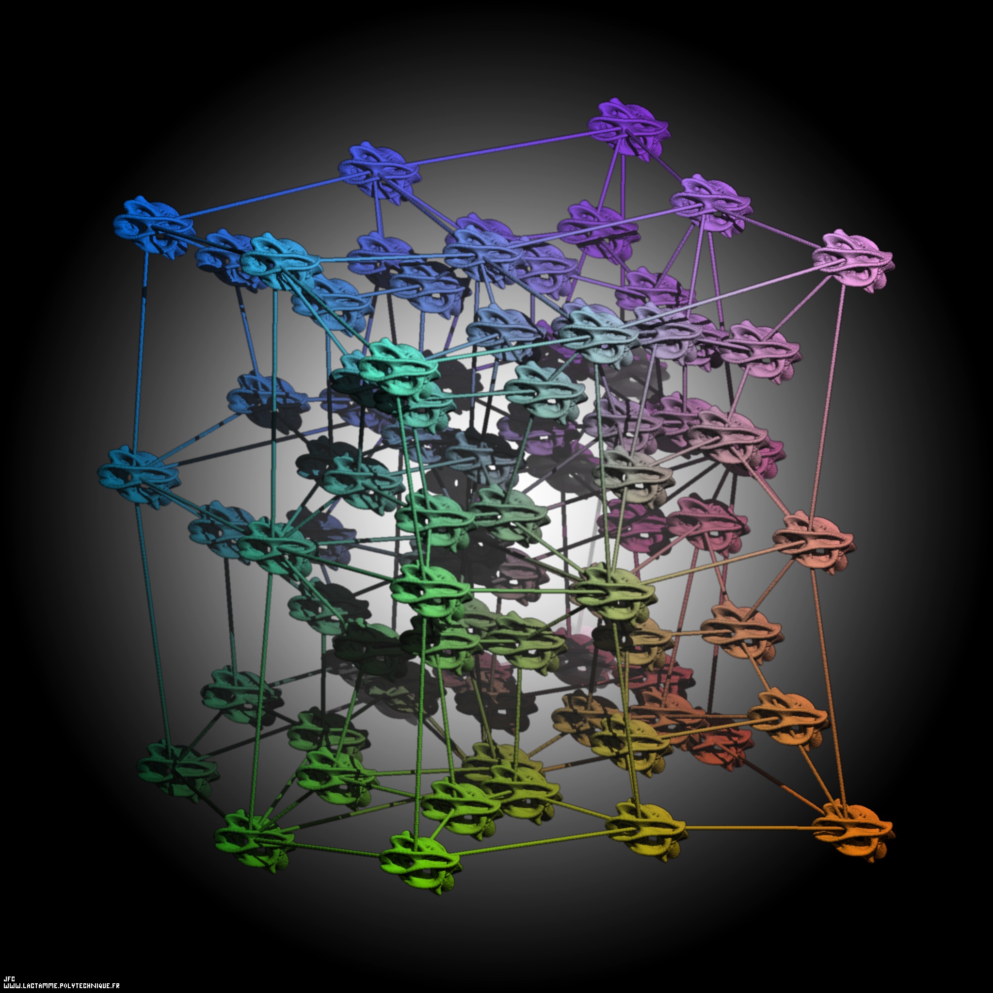 Tridimensional representation of quadridimensional Calabi-Yau manifolds -Calabi-Yau manifolds attached to every point of our 'familiar' (randomly distorded) quadridimensional space-time?- [Repr&eacute;sentation tridimensionnelle de vari&eacute;t&eacute;s quadridimensionnelles de Calabi-Yau -de telles vari&eacute;t&eacute;s en chaque point de notre espace-temps quadridimensionnel 'familier' (distordu al&eacute;atoirement)?- ]