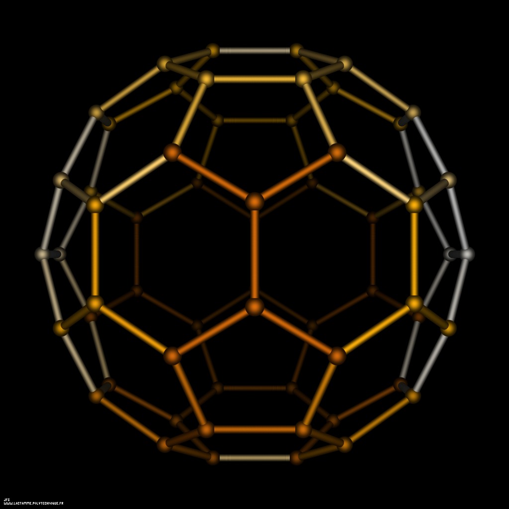 The spherical Fullerene molecule containing 60 Carbon atoms [La mol&eacute;cule sph&eacute;rique de fuller&egrave;ne contenant 60 atomes de carbone ]