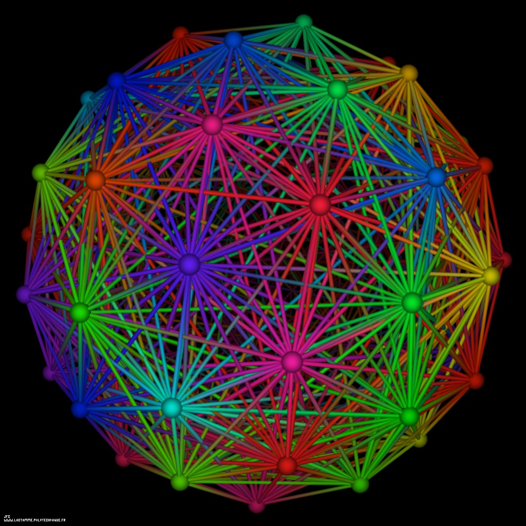 60 evenly distributed points on a sphere by means of simulated annealing [60 points r&eacute;partis &eacute;quitablement sur une sph&egrave;re par recuit simul&eacute; ]