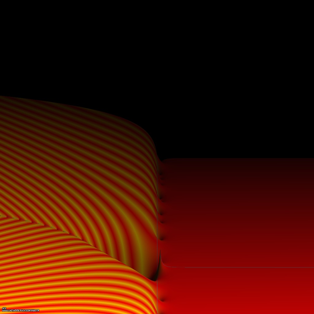 Tridimensional display of the Riemann Zeta function inside [-50.0,+50.0]x[-50.0,+50.0] [Visualisation tridimensionnelle de la fonction Z&ecirc;ta de Riemann dans [-50.0,+50.0]x[-50.0,+50.0] ]
