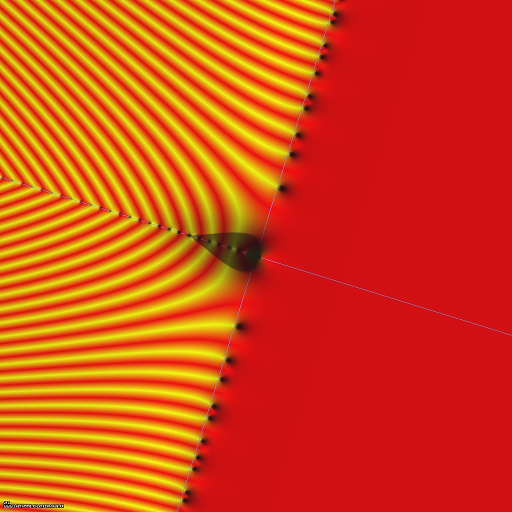 Tridimensional display of the Riemann Zeta function inside [-50.0,+50.0]x[-50.0,+50.0] (bird's-eye view) [Visualisation tridimensionnelle de la fonction Z&ecirc;ta de Riemann dans [-50.0,+50.0]x[-50.0,+50.0] (vue a&eacute;rienne) ]